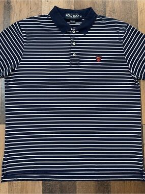 Polo Golf Ralph Lauren Men’s XL Navy White Striped Polo Shirt Crest Logo